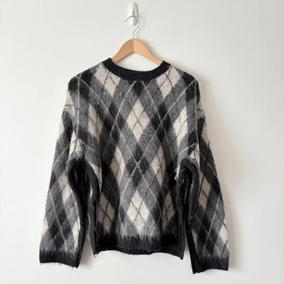 Zara Diamond Knit Fuzzy Crew Neck Sweater Black White Blogger Fav Size Small - Picture 6 of 12